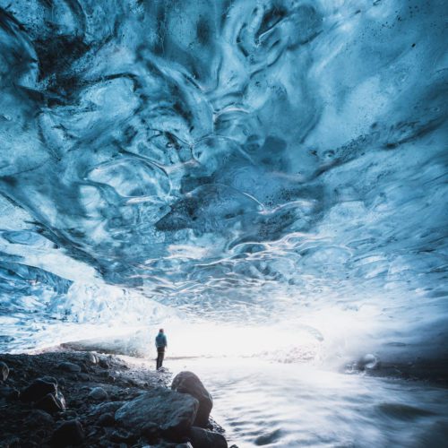 An ice cave self-portrait under the Breiðamerkurjökull glacier in Iceland.