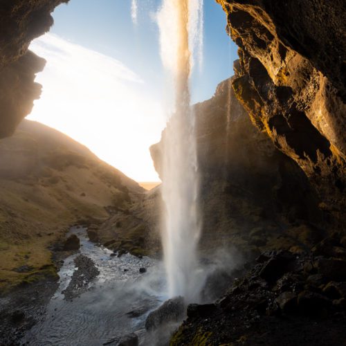 Kvernufoss waterfall during a low winter sun in South Iceland.