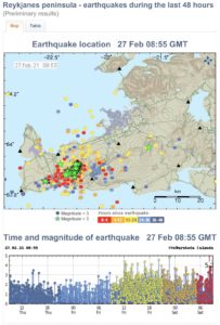 Earthquakes in Reykjanes peninsula leading up to the eruption of Fagradalsfjall in Geldingadalir in Iceland.