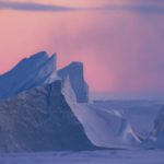 Sunset over the Ilulissat UNESCO icefjord in Greenland.