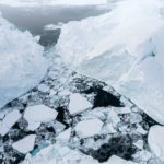 Sea ice floating between the icebergs in the UNESCO Ilulissat icefjord.