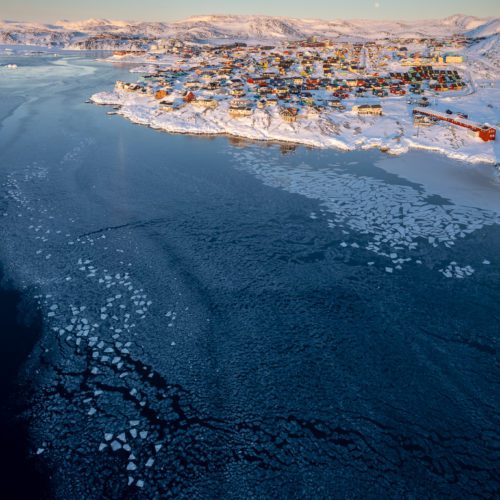 The town of Ilulissat, Greenland, as seen from a bird's eye perspective.