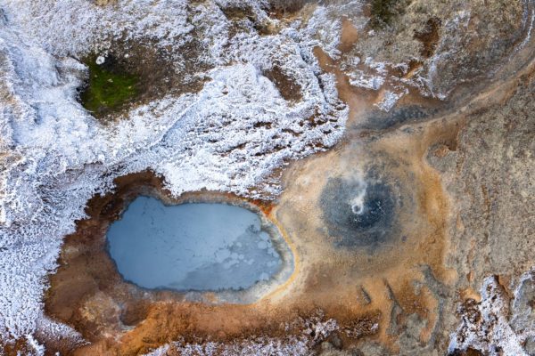 Aerial photography, taken with a drone, of a geothermal area in Iceland.