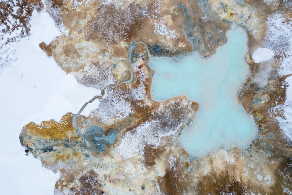 Aerial photography, taken with a drone, of a geothermal area in Iceland.