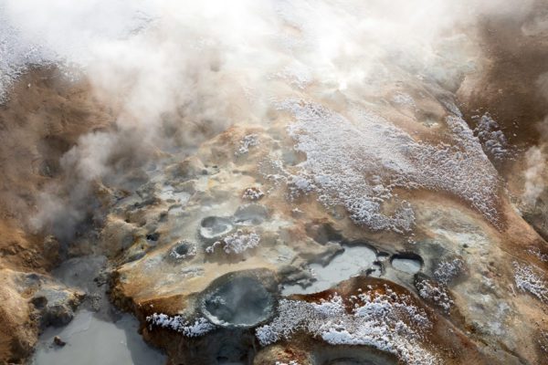 Aerial photography, taken with a drone, of a geothermal area in Iceland.