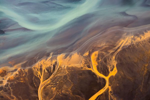 Aerial photograph of a glacial river in Iceland taken using a drone.