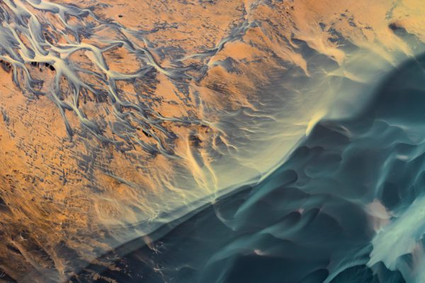 Aerial photograph of a glacial river in Iceland taken using a drone.