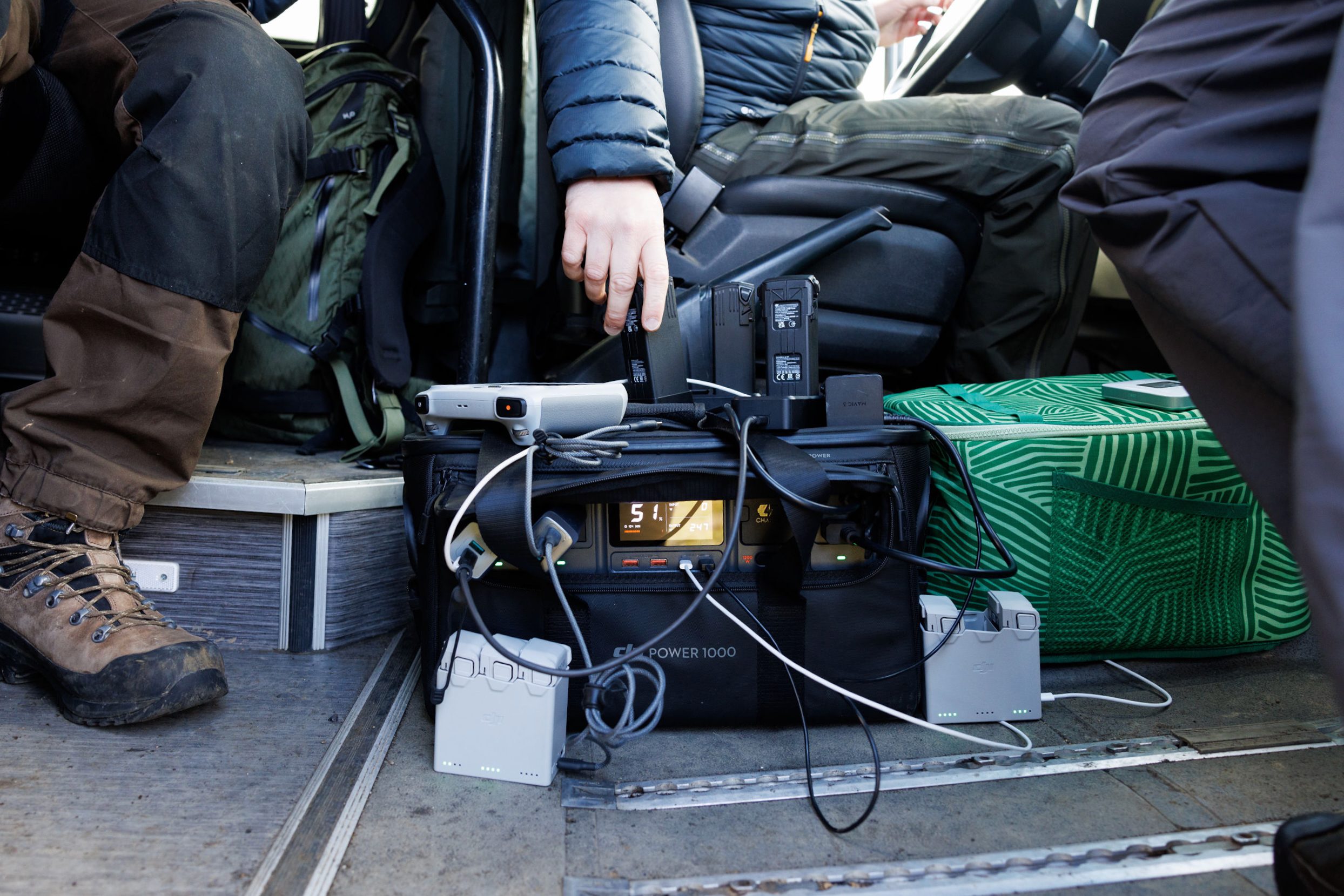 Charging a lot of drone batteries on a photography workshop